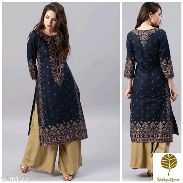 Catalog Name:*Women Rayon A-line Printed Long Kurti With Palazzos*Kurta Fabric: RayonBottomwear Fabric: RayonSleeve Length: Three-Quarter SleevesSet Type: Kurta With BottomwearBottom Type: PalazzosPattern: PrintedMultipack - Catalog Name:*Women Rayon A-line Printed Long Kurti With Palazzos*Kurta Fabric: RayonBottomwear Fabr, S . M. XL .Xx