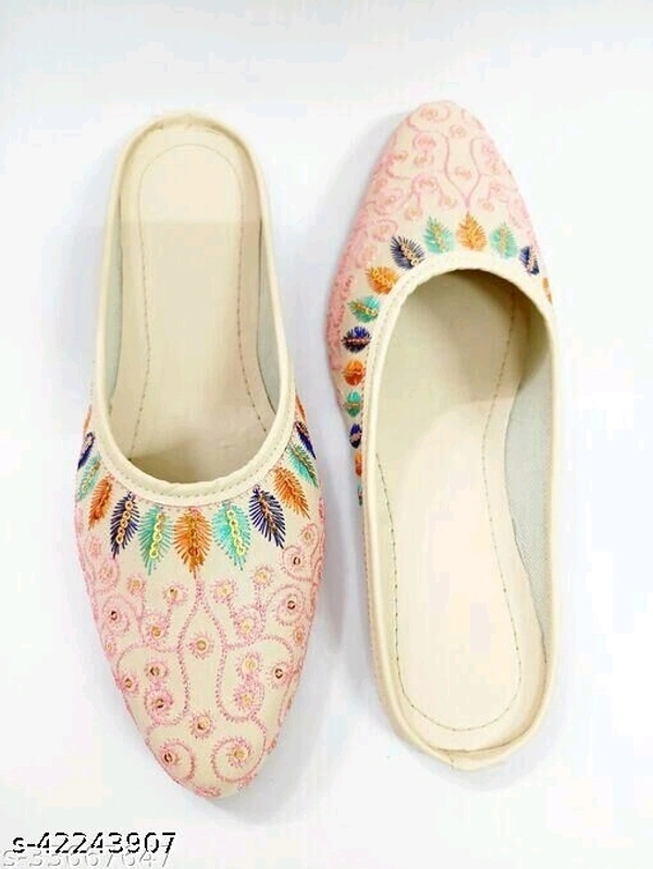 Embroidered Jutti Style Mules - Cream - 5