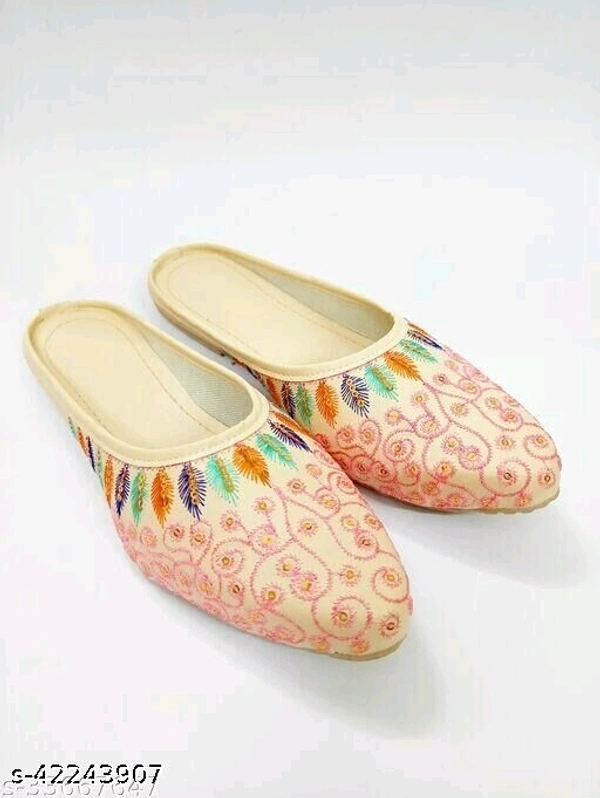 Embroidered Jutti Style Mules - Cream - 8