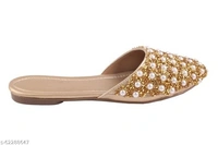 Pearl Embellished Flats - Golden - 7