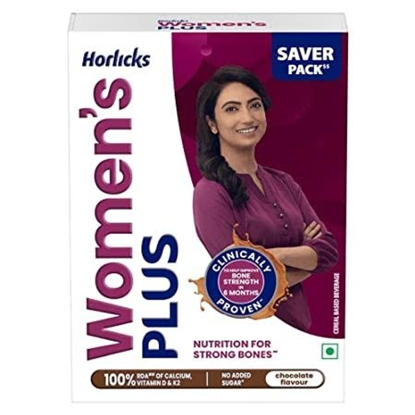 Horlicks Women's Plus - Chocolate Flavour, Nutrients For Strong Bones - 400g - Carton