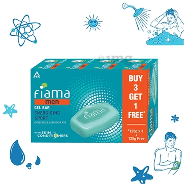 Fiama Men Gel Bar, Energising Sport, Ginseng & Lemongrass- With Skin Conditioners - 125g(Buy 3 Get 1 Free)