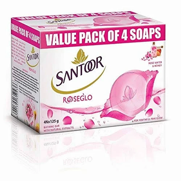 Santoor Rose Glo Bathing Bar With Natural Extracts, Rose Water & Honey - 125 g (Pack Of 6)