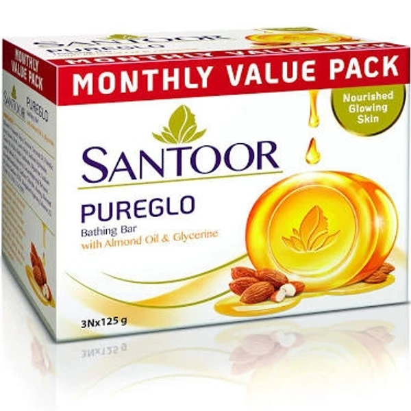 Santoor Pure Glow Bathing Bar With Almond Oil & Glycerine,  Nourished Glowing Skin - 125 g ( Pack Of 3)