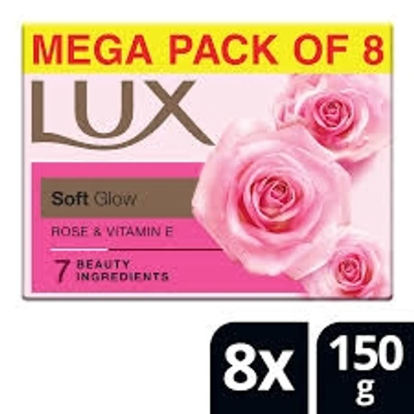 Lux Soft  Glow, Rose & Vitamin E, 7 Beauty Ingredients   - 150g -(Pack Of 8)