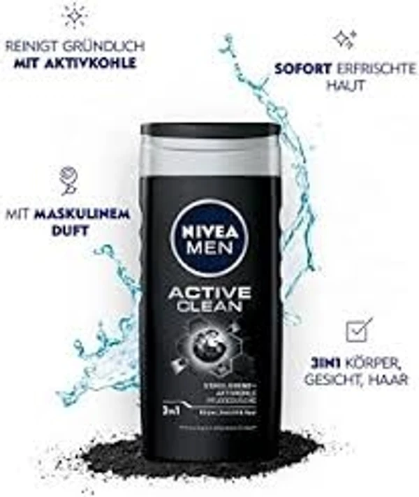 Nivea Active Clean Shower Gel With Active Charcoal For Body, Face & Hair - 250ml