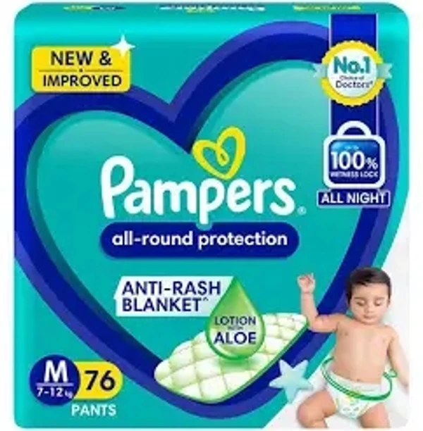 Pampers All Round Protection Diaper Pants- M, 7-12 Kg, Anti Rush Blanket, 100% Wetness Lock, All Night - 76 Pcs