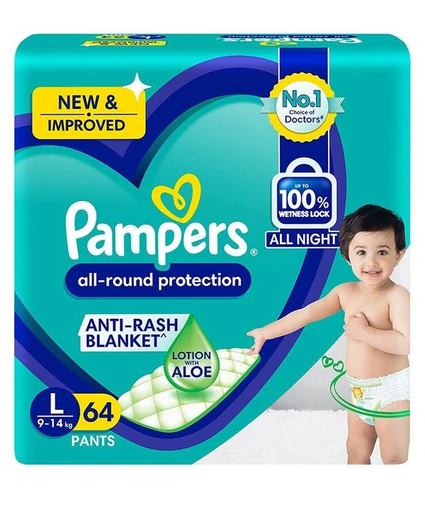 Pampers All Round Protection Diaper Pants- L,  9-14 Kg, Anti Rash Blanket, 100% Wetness Lock, All Night - 64 Pcs