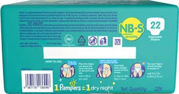 Pampers Baby Dry Disposal- Small, NB-S, 1 Pampers - 1 Dry Night - 46 Pcs