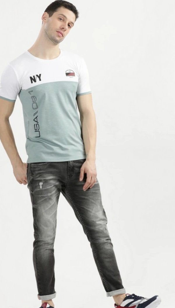 White Men Half-sleevs Round Neck T-shirt - LIGHT GREEN AND WHITE, S , L , M , XL , XXL , XS