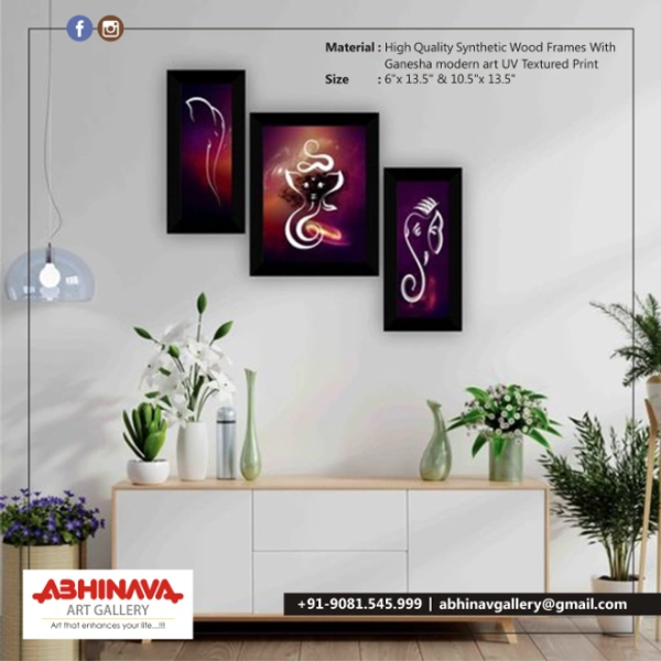ABHINAVA READY FRAME SET of 3 Ganesha modern art UV Textured Home Decorative Gift Item Prints - 6"x 13.5" & 10.5"x 13.5", Black