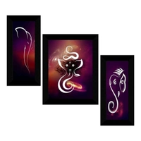 ABHINAVA READY FRAME SET of 3 Ganesha modern art UV Textured Home Decorative Gift Item Prints - 6"x 13.5" & 10.5"x 13.5", Black