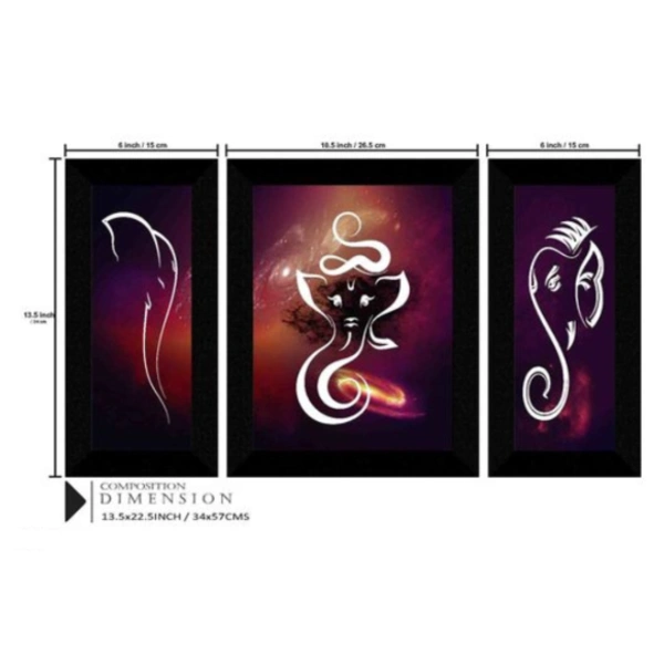 ABHINAVA READY FRAME SET of 3 Ganesha modern art UV Textured Home Decorative Gift Item Prints - 6"x 13.5" & 10.5"x 13.5", Black