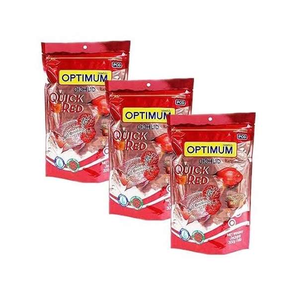 OPTIMUM QUICK RED FISH FOOD-3 PACKS | SUITABLE FOR ALL CICHLID AND HORN FISH | LARGE PELLET  - 300GM × 3 Pac
