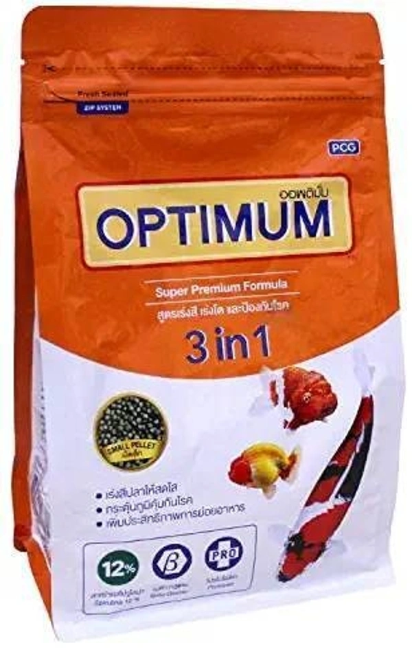 Optimum 3 in 1 Super Premium Formula 12% Spirulina 400g For All Goldfish, Carp Fish and Chichlid, High Protein and Spirulina  - 400 GM