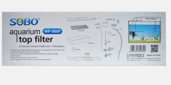 SOBO Top Filter WP-880F For Aquarium|15 Watt, 650L/H|Free 1 Feet White Sponge  - WP-880F/15 Watt