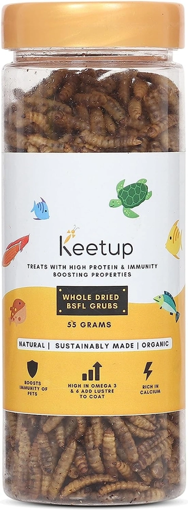 KEETUP Dried Black Soldier Fly Larvae Treat - Fish Food for Arowana, Oscar, Flowerhorn & Other Carnivorous Fishes - Omega 3 & 6, 50x More Calcium Than Mealworms  - 55 Gm