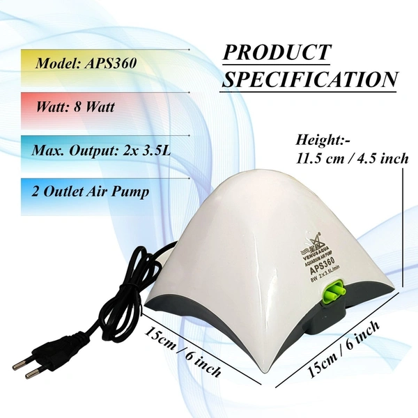 Venus Aqua APS360 Dual Outlet Aquarium Air Pump – 8W Silent Oxygen Pump for Fish Tanks (2 x 3.5L/min Output, EU Plug) - 8W-3.5L/M, APS-360