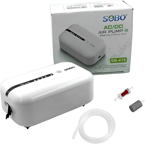 SOBO SB-418 AC/DC Aquarium Air Pump with Rechargeable Battery – 3L/Min Output, Ultra-Quiet, Portable with Air Stone, Tube & Check Valve - SB-418/1 Nozzle