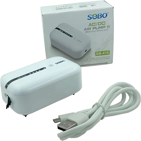SOBO SB-418 AC/DC Aquarium Air Pump with Rechargeable Battery – 3L/Min Output, Ultra-Quiet, Portable with Air Stone, Tube & Check Valve - SB-418/1 Nozzle