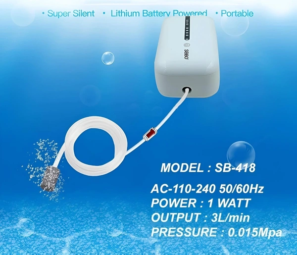 SOBO SB-418 AC/DC Aquarium Air Pump with Rechargeable Battery – 3L/Min Output, Ultra-Quiet, Portable with Air Stone, Tube & Check Valve - SB-418/1 Nozzle