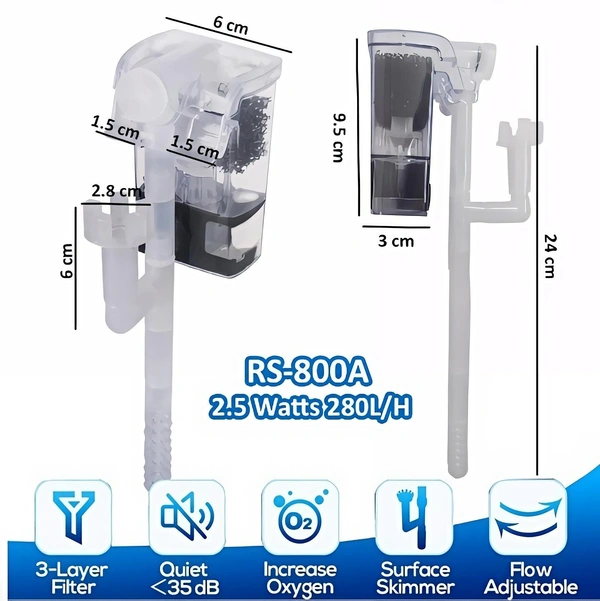 RS-800A Hang-On Aquarium Filter – 2.5W Silent 3-Stage Filtration | 280L/H with Surface Skimmer & Flow Control - 2.5W, RS 800A