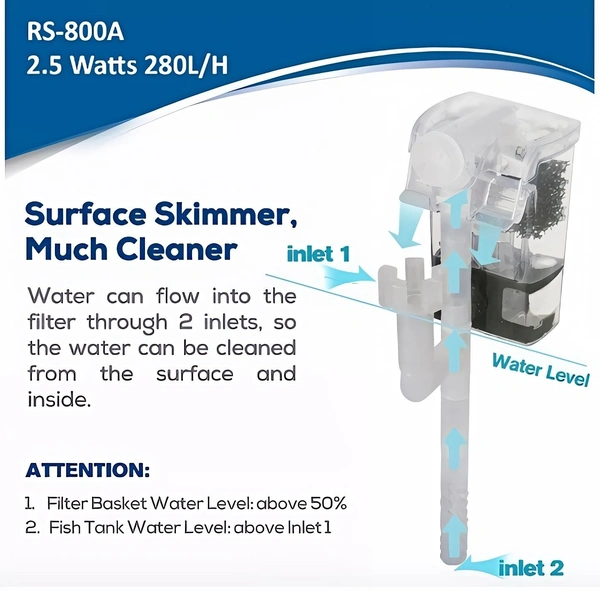 RS-800A Hang-On Aquarium Filter – 2.5W Silent 3-Stage Filtration | 280L/H with Surface Skimmer & Flow Control - 2.5W, RS 800A