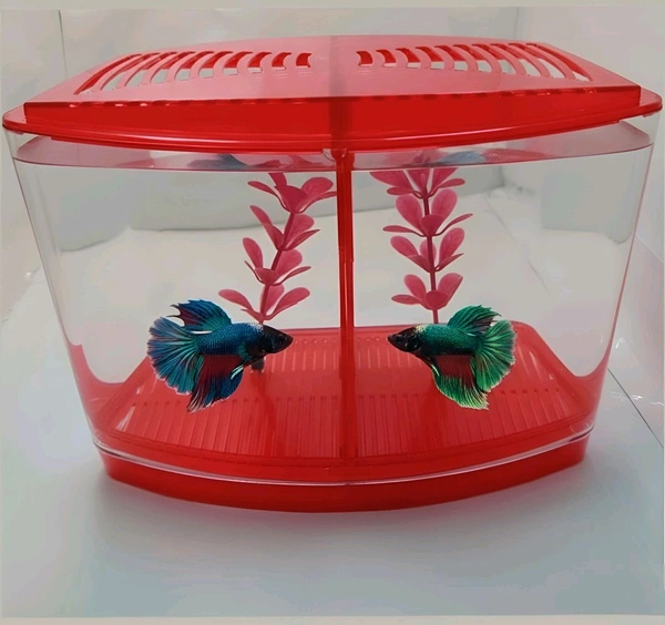 Taiyo Double House Betta/Fighter Fish Tank|Acrylic|With LED Light - Red, 1.5 Litre
