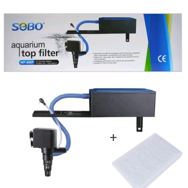 SOBO Top Filter WP-880F For Aquarium|15 Watt, 650L/H|Free 1 Feet White Sponge  - WP-880F/15 Watt