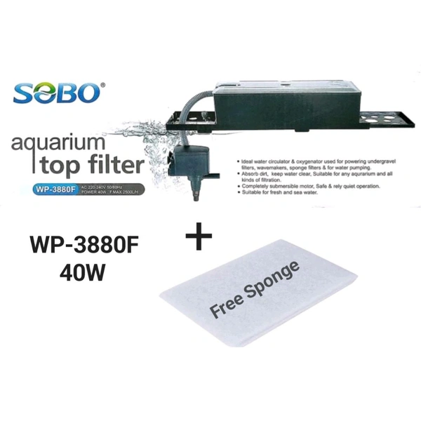 SOBO Top Filter WP-3880F For Aquarium|P: 40 Watt, F: 2500L/H|Free Sponge  - WP-3880F/40W