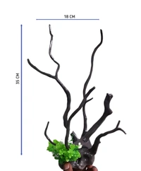 Artificial Driftwood Aquarium Decoration – 35cm Tall with Green Plants | Non-Toxic Plastic Aquascape Showpiece