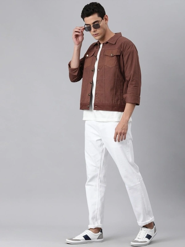 VOXATI Full Sleeve Solid Men Denim Jacket - S, Brown