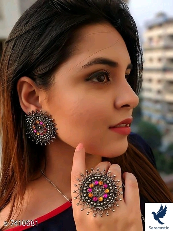 Beautiful Oxidized Earing With Ring (Trusted By Saracstic) - Free size