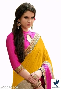 Silk Embrodery And Handwork Saree (Mustard) - Free size