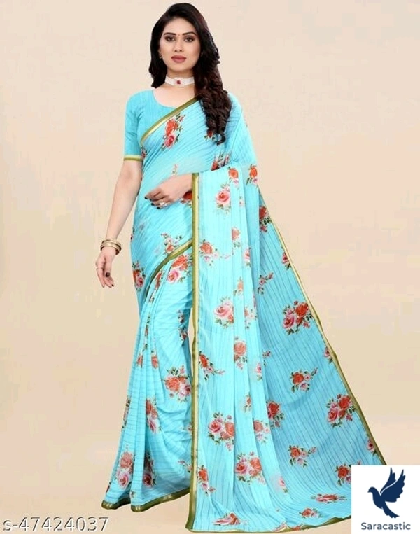 Chiffon Aqua Saree  - Sky blue, Free size