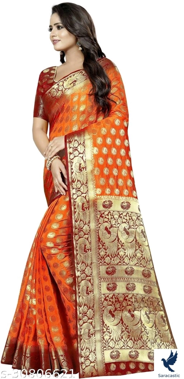 Kanjivaram Attractive Cotton Saree - Orange, Free size