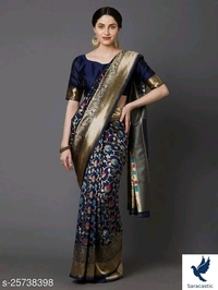 Beautiful Sik Blend Banarasi Saree - Heavy Blue, Free size