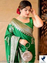 Beautiful Silk Saree For Women - Green, Free Size 