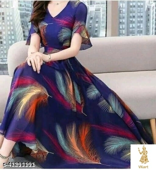 Classy Long Dress - Blue, L (Bust Size: 38 in, Length Size: 54 in) 