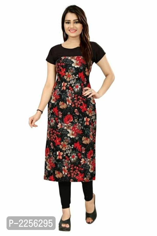 Stylish Printed Straight Cut Crepe Kurti - Crepe, Within 7 days of delivery. No questions asked. Full refund., M, Black