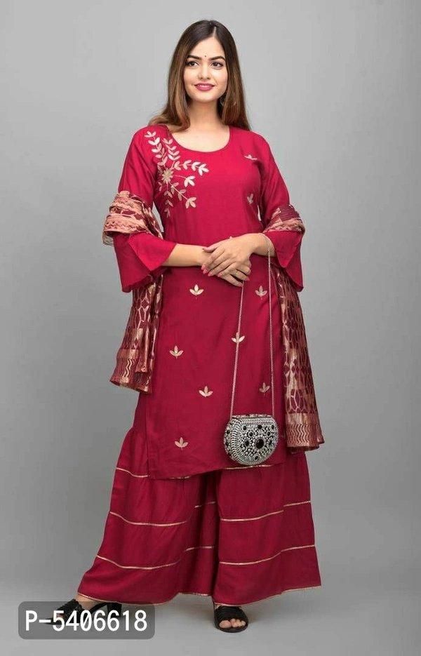 Women Rayon Gotta Work Red Kurta Sharara With Dupatta Set - Red, Rayon, Return within 7 days of delivery. Full Refund., Free shipping, M