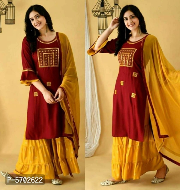 Embroidered Kurta with Sharara And Dupatta Set - Within 7 days of delivery. Full refund., Free shipping, 2XL
