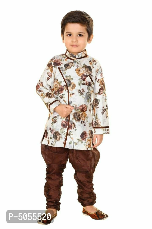Jute Silk Digital Floral Print Kurta With Churidar Payjama Set For Boys - 5 - 6 Years, Brown