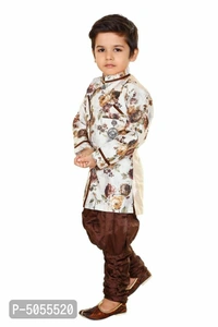 Jute Silk Digital Floral Print Kurta With Churidar Payjama Set For Boys - 5 - 6 Years, Brown