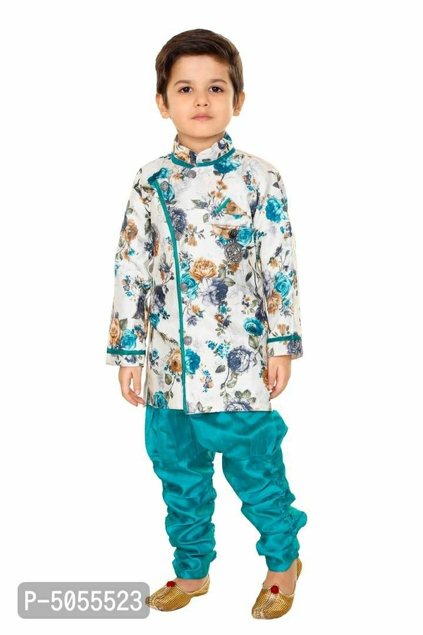 Jute Silk Digital Floral Print Kurta With Churidar Payjama Set For Boys - Turquoise, 18 - 24 Months