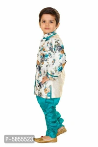 Jute Silk Digital Floral Print Kurta With Churidar Payjama Set For Boys - Turquoise, 18 - 24 Months