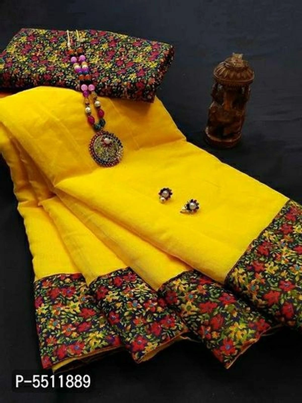 Cotton Saree with Printed Satin Blouse - Yellow, Free shipping