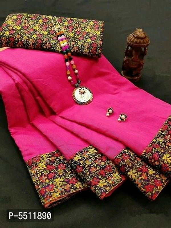 Cotton Saree with Printed Satin Blouse - Pink, Free shipping