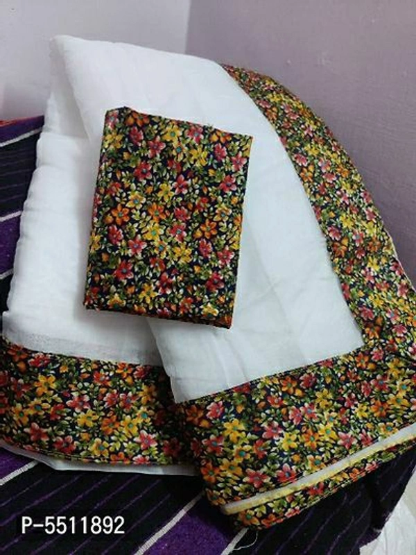 Cotton Saree with Printed Satin Blouse - White, Free shipping
