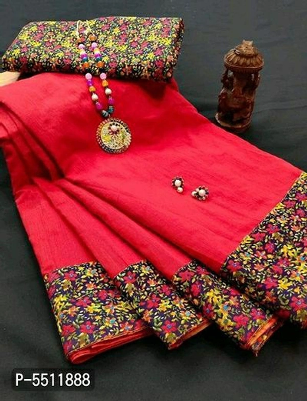 Cotton Saree with Printed Satin Blouse - Red, Free shipping